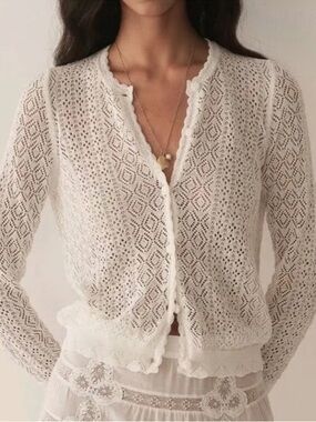 Doen Diane Pointelle Lace Crochet Button Knit Cardigan Sweater Top Ivory Sz xs